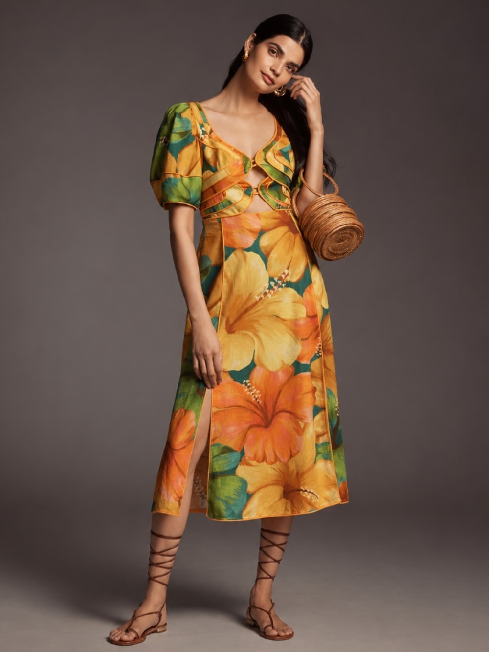 FARM Rio x Anthropologie Tropical Cocktail Linen Cutout Midi Dress Size S